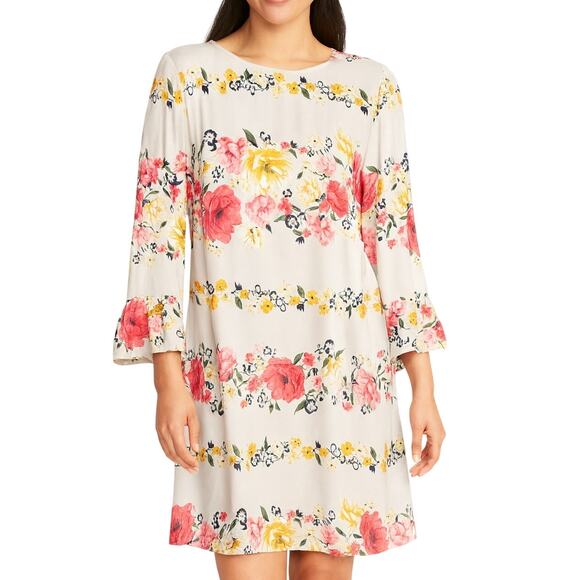 Old Navy M Tall Floral Bell Sleeve Dress Lined White Pink Yellow Midi Boho - Picture 1 of 11